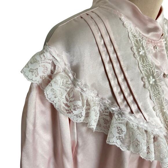 Vintage Anna Pink Satin Lace Embroidered Night Gown Victorian Cottage Regency - Picture 9 of 9